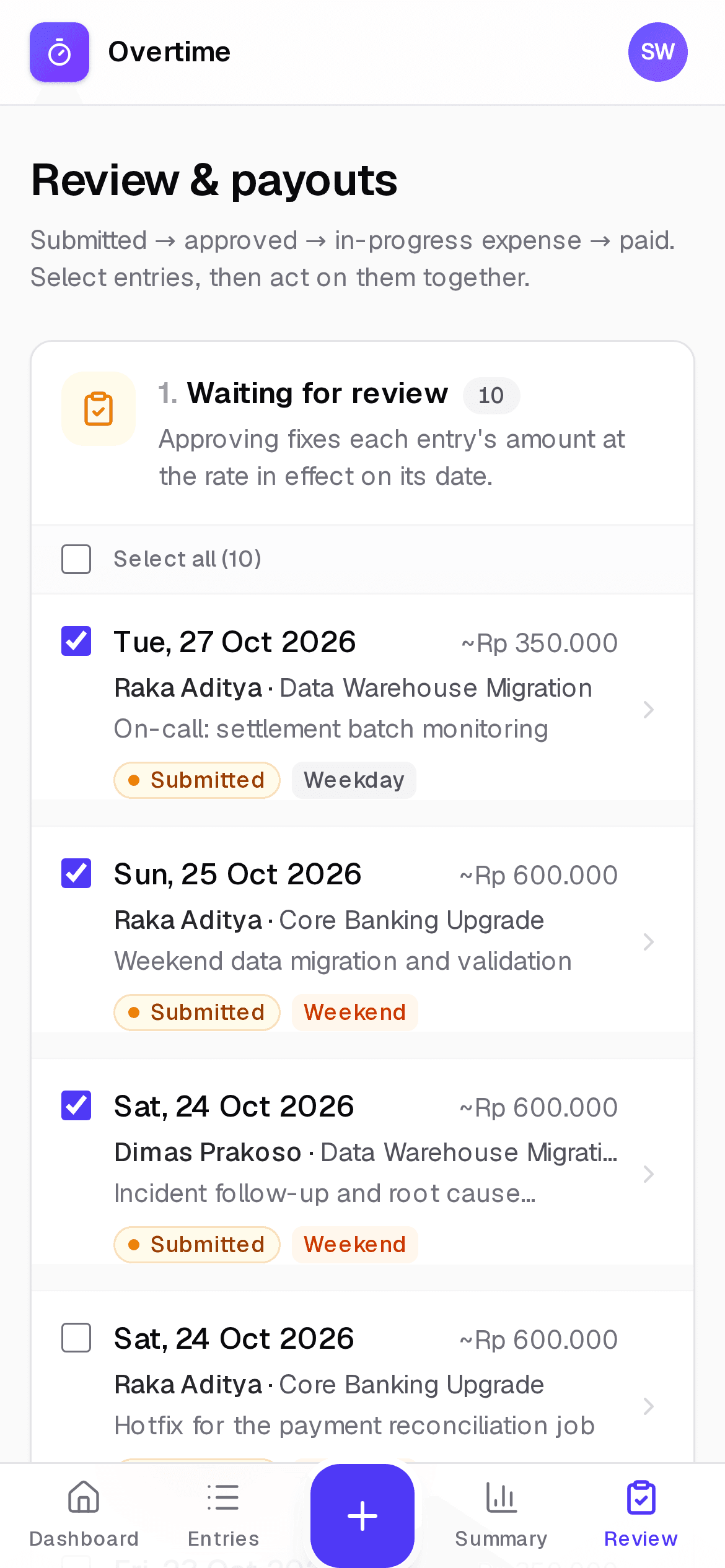 Review & payouts on a phone with three entries selected