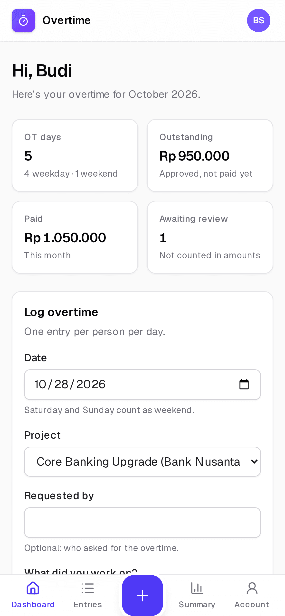 A team member's dashboard on a phone showing overtime days, outstanding and paid amounts this month