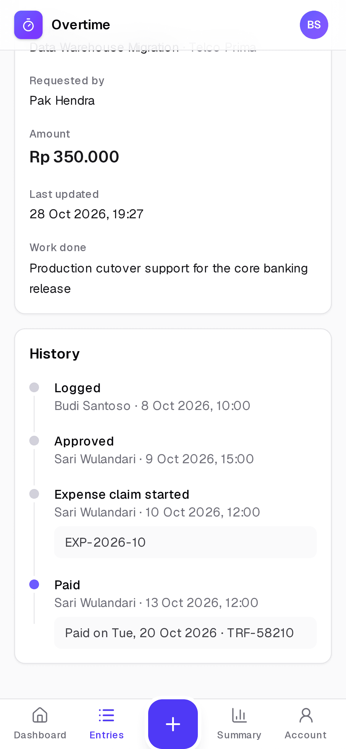 An entry's history: logged, approved, expense claim started and paid