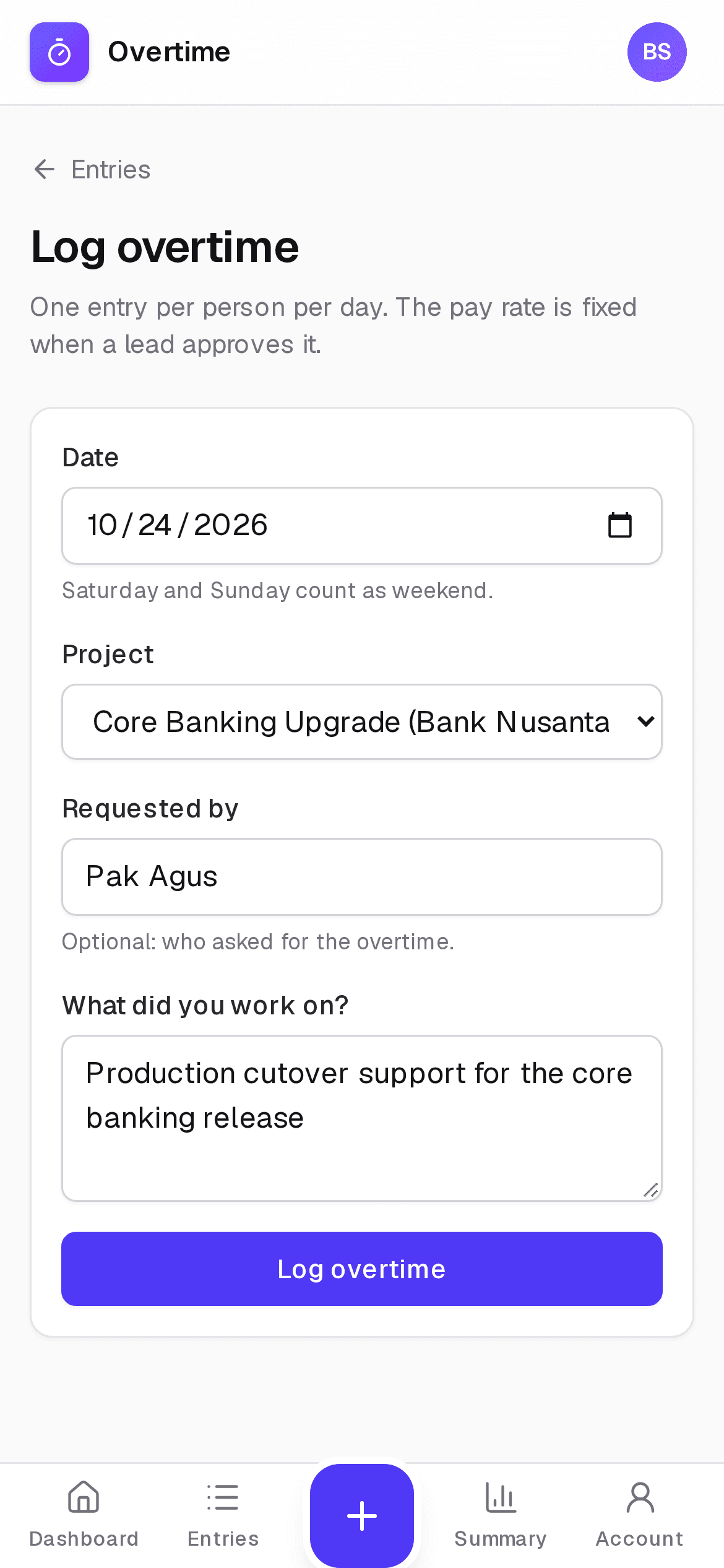 The Log overtime form on a phone, filled in for a Saturday